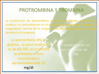 PROTROMBINA Y TROMBINA
La protrombina Alfa 2-
globina, su peso molecular
es de 68.700, en el plasma
se presenta en una
concentración
aproximadamente 15
mg/dl
La trombina tiene un
peso molecular de
33.700
La producción de protrombina se da en el hígado si este no la
produce su concentración en el plasma disminuye para mantener la
coagulación normal de la sangre, si no hay vitamina K hay un gran
tendencia al sangrado
 
