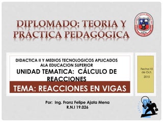 TEMA: REACCIONES EN VIGAS
Por: Ing. Franz Felipe Ajata Mena
R.N.I 19.026
DIDACTICA II Y MEDIOS TECNOLOGICOS APLICADOS
ALA EDUCACION SUPERIOR
UNIDAD TEMATICA: CÁLCULO DE
REACCIONES
Fecha:10
de Oct.
2015
 