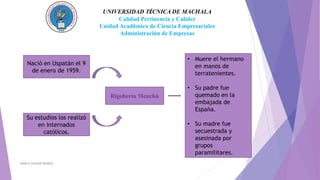 MARCIA GASPAR MENDEZ
Nació en Uspatán el 9
de enero de 1959.
Rigoberta Menchú
Su estudios los realizó
en internados
católicos.
• Muere el hermano
en manos de
terratenientes.
• Su padre fue
quemado en la
embajada de
España.
• Su madre fue
secuestrada y
asesinada por
grupos
paramilitares.
UNIVERSIDAD TÉCNICA DE MACHALA
Calidad Pertinencia y Calidez
Unidad Académica de Ciencia Empresariales
Administración de Empresas
 