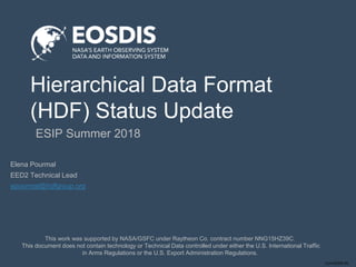 Conf-DDDD-IN
Hierarchical Data Format
(HDF) Status Update
ESIP Summer 2018
This work was supported by NASA/GSFC under Raytheon Co. contract number NNG15HZ39C.
This document does not contain technology or Technical Data controlled under either the U.S. International Traffic
in Arms Regulations or the U.S. Export Administration Regulations.
Elena Pourmal
EED2 Technical Lead
epourmal@hdfgroup.org
 