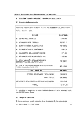 PROYECTO: “RENOVACIÓN DE REDES DE AGUA POTABLE EN LA CALLE AYACUCHO”
EPS EMAPA Chancay S.A.C - SUM Canadá 14
5. RESUMEN DE PRESUPUESTO Y TIEMPO DE EJECUCIÓN
5.1 Resumen de Presupuesto
PROYECTO: “RENOVACIÓN DE REDES DE AGUA POTABLE DE LA CALLE AYACUCHO”.
FECHA : Diciembre - 2003.
El costo Directo asciende a la suma de Ciento Doce mil ciento setenta y cuatro
con 86/100 Nuevos Soles.
5.2 Tiempo de Ejecución
El tiempo estimado para la ejecución de la obra es de 45 días calendarios.
RUBRO MONTO (S/.)
1) OBRAS PRELIMINARES 2 199.18
2) MOVIMIENTO DE TIERRAS 21 785.13
3) SUMINISTRO DE TUBERÍAS PVC 13 498.02
4) INSTALACIÓN DE TUBERÍAS PVC 1 147.31
5) SUMINISTRO DE ACCESORIOS HFD 4 171.50
6) INSTALACIÓN DE ACCESORIOS HFD 1 093.48
7) REINSTALACIÓN DE CONEXCIONES
DOMICILIARIAS DE AGUA POTABLE
13 162.31
8) OTROS (ROTURA Y REPOSICIÓN DE ASFALTO, VEREDAS,
PRUEBAS HIDRÁULICAS, TRANSPORTE)
27 110.88
COSTO DIRECTO 84 164.81
GASTOS GENERALES TOTALES 12% 10 099.78
SUB – TOTAL 94 264.59
IMPUESTOS GENERALES A LAS VENTAS (IGV) 19% 17 910.27
TOTAL 112 174.86
 