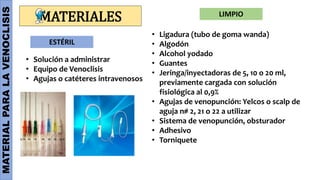 MATERIAL
PARA
LA
VENOCLISIS
MATERIALES
ESTÉRIL
LIMPIO
• Solución a administrar
• Equipo de Venoclisis
• Agujas o catéteres intravenosos
• Ligadura (tubo de goma wanda)
• Algodón
• Alcohol yodado
• Guantes
• Jeringa/inyectadoras de 5, 10 o 20 ml,
previamente cargada con solución
fisiológica al 0,9%
• Agujas de venopunción: Yelcos o scalp de
aguja n# 2, 21 o 22 a utilizar
• Sistema de venopunción, obsturador
• Adhesivo
• Torniquete
 