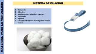 MATERIAL
PARA
LA
VENOCLISIS SISTEMA DE FIJACIÓN
1. Obsturador
2. Adhesivo
3. Medicamento o solución a inyectar
4. Torniquete
5. Algodón
6. Solución antiséptica: alcohol puro o alcohol
yodado
 