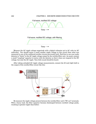 222 CHAPTER 5. DISCRETE SEMICONDUCTOR CIRCUITS
Time
Full-wave, rectified DC voltage
Time
Full-wave, rectified DC voltage, with filtering
Measure the AC ripple voltage magnitude with a digital voltmeter set to AC volts (or AC
millivolts). You should notice a much smaller ripple voltage in this circuit than what was
measured in any of the unfiltered rectifier circuits previously built. Feel free to use your audio
detector to ”listen” to the AC ripple voltage output by the rectifier/filter unit. As usual, connect
a small ”coupling” capacitor in series with the detector so that it does not respond to the DC
voltage, but only the AC ripple. Very little sound should be heard.
After taking unloaded AC ripple voltage measurements, connect the 25 watt light bulb to
the output of the rectifier/filter circuit like this:
+
-
AC
AC
-
-
AC
in
DC
out
Rectifier
Capacitor
Low-voltage
AC power supply
6 6
12
Re-measure the ripple voltage present between the rectifier/filter unit’s ”DC out” terminals.
With a heavy load, the filter capacitor becomes discharged between rectified voltage peaks,
resulting in greater ripple than before:
 