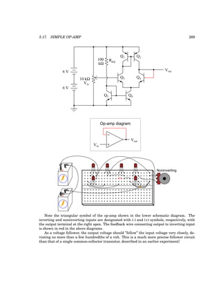 5.17. SIMPLE OP-AMP 269
6 V
6 V
Vout
Q1 Q2
Rprg
Q3 Q4
Q5 Q6
10 kΩ
100
kΩ
−
+
Vout
Vin
Op-amp diagram
Vin
+
-
+
-
Noninverting
CBE
CBE
CBE CBE CBE
CBE
Note the triangular symbol of the op-amp shown in the lower schematic diagram. The
inverting and noninverting inputs are designated with (-) and (+) symbols, respectively, with
the output terminal at the right apex. The feedback wire connecting output to inverting input
is shown in red in the above diagrams.
As a voltage follower, the output voltage should ”follow” the input voltage very closely, de-
viating no more than a few hundredths of a volt. This is a much more precise follower circuit
than that of a single common-collector transistor, described in an earlier experiment!
 