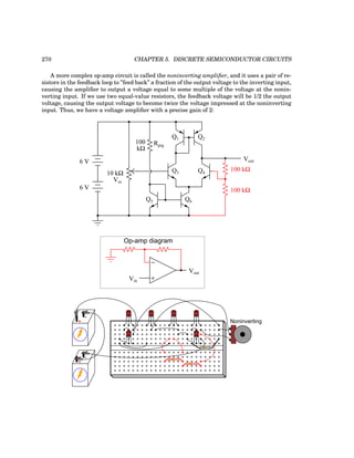 270 CHAPTER 5. DISCRETE SEMICONDUCTOR CIRCUITS
A more complex op-amp circuit is called the noninverting amplifier, and it uses a pair of re-
sistors in the feedback loop to ”feed back” a fraction of the output voltage to the inverting input,
causing the amplifier to output a voltage equal to some multiple of the voltage at the nonin-
verting input. If we use two equal-value resistors, the feedback voltage will be 1/2 the output
voltage, causing the output voltage to become twice the voltage impressed at the noninverting
input. Thus, we have a voltage amplifier with a precise gain of 2:
6 V
6 V
Vout
Q1 Q2
Rprg
Q3 Q4
Q5 Q6
10 kΩ
100
kΩ
−
+
Vout
Vin
Op-amp diagram
Vin
100 kΩ
100 kΩ
+
-
+
-
Noninverting
CBE
CBE
CBE CBE CBE
CBE
 