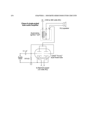 278 CHAPTER 5. DISCRETE SEMICONDUCTOR CIRCUITS
12AX7 "hi-mu"
dual triode tube
to filament power
(12 volts AC)
100 kΩ
0.1 µF
Audio
input
+
-
B+
8 Ω speaker
Automotive
ignition "coil"
(100 to 300 volts DC)
Class-A single-ended
tube audio amplifier
 