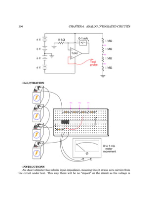 300 CHAPTER 6. ANALOG INTEGRATED CIRCUITS
−
+
0-1 mA
15 kΩ 1 MΩ
1 MΩ
1 MΩ
1 MΩ
TP1
TP2
TP3
+
-
TL082
6 V
6 V
6 V
6 V
Test
probe
ILLUSTRATION
+
-
+
-
+
-
+
-
TL082
- +
0 to 1 mA
meter
movement
TP1
TP2
TP3
INSTRUCTIONS
An ideal voltmeter has infinite input impedance, meaning that it draws zero current from
the circuit under test. This way, there will be no ”impact” on the circuit as the voltage is
 