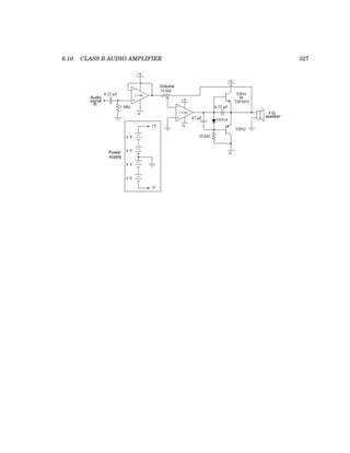 6.10. CLASS B AUDIO AMPLIFIER 327
Audio
signal
in
1 MΩ
−
+
1
/2 TL082
+V
-V
−
+
1
/2 TL082
+V
-V
Volume
10 kΩ
+V
-V
1N914
TIP42
TIP41
or
TIP3055
10 kΩ
8 Ω
speaker
0.22 µF
0.22 µF
47 µF
+V
-V
6 V
6 V
6 V
6 V
Power
supply
 