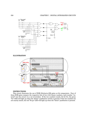 358 CHAPTER 7. DIGITAL INTEGRATED CIRCUITS
10 kΩ
Vdd
Vdd
10 kΩ
(all)
Vdd
10 kΩ
(all)
switch
Data entry
switch
"Key code"
Enter
470 Ω
470 Ω
Go
No go
10 kΩ
ILLUSTRATION
+
-
+
-
4070 4001
Enter
Data entry
"Key" code
INSTRUCTIONS
This circuit illustrates the use of XOR (Exclusive-OR) gates as bit comparators. Four of
these XOR gates compare the respective bits of two 4-bit binary numbers, each number ”en-
tered” into the circuit via a set of switches. If the two numbers match, bit for bit, the green
”Go” LED will light up when the ”Enter” pushbutton switch is pressed. If the two numbers do
not exactly match, the red ”No go” LED will light up when the ”Enter” pushbutton is pressed.
 