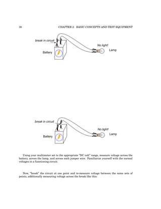30 CHAPTER 2. BASIC CONCEPTS AND TEST EQUIPMENT
Battery
Lamp
+
- No light!
break in circuit
Battery
Lamp
+
- No light!
break in circuit
Using your multimeter set to the appropriate ”DC volt” range, measure voltage across the
battery, across the lamp, and across each jumper wire. Familiarize yourself with the normal
voltages in a functioning circuit.
Now, ”break” the circuit at one point and re-measure voltage between the same sets of
points, additionally measuring voltage across the break like this:
 