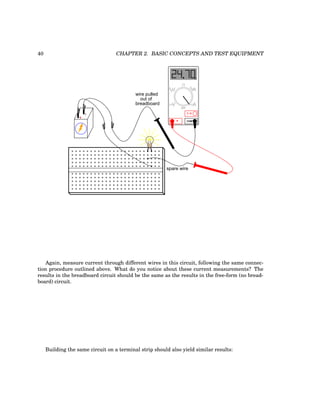 40 CHAPTER 2. BASIC CONCEPTS AND TEST EQUIPMENT
+
-
COM
A
V
V A
A
OFF
spare wire
wire pulled
out of
breadboard
m
Again, measure current through different wires in this circuit, following the same connec-
tion procedure outlined above. What do you notice about these current measurements? The
results in the breadboard circuit should be the same as the results in the free-form (no bread-
board) circuit.
Building the same circuit on a terminal strip should also yield similar results:
 