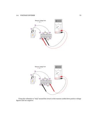 3.4. VOLTAGE DIVIDER 73
+
-
R1
R2
R3
0
0
0
1
3
3
3
2
1
2
COM
A
V
V A
A
OFF
Measure voltage from
to
3 2
+
-
R1
R2
R3
0
0
0
1
3
3
3
2
1
2
COM
A
V
V A
A
OFF
Measure voltage from
to 3
0
Using the voltmeter to ”step” around the circuit in this manner yields three positive voltage
figures and one negative:
 