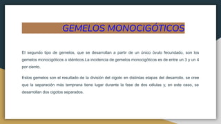 GEMELOS MONOCIGÓTICOS
El segundo tipo de gemelos, que se desarrollan a partir de un único óvulo fecundado, son los
gemelos monocigóticos o idénticos.La incidencia de gemelos monocigóticos es de entre un 3 y un 4
por ciento.
Estos gemelos son el resultado de la división del cigoto en distintas etapas del desarrollo, se cree
que la separación más temprana tiene lugar durante la fase de dos células y, en este caso, se
desarrollan dos cigotos separados.
 