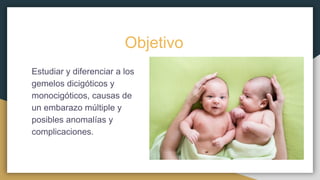 Objetivo
Estudiar y diferenciar a los
gemelos dicigóticos y
monocigóticos, causas de
un embarazo múltiple y
posibles anomalías y
complicaciones.
 