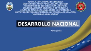Participantes:
REPUBLICA BOLIVARIANA DE VENEZUELA
MINISTERIO DEL PODER POPULAR PARA LA DEFENSA
VICEMINISTERIO DE EDUCACIÓN PARA LA DEFENSA
UNIVERSIDAD MILITAR BOLIVARIANA DE VENEZUELA
CENTRO DE ESTUDIOS POLEMOLÓGICOS Y ESTRATÉGICOS
INSTITUTO DE ESTUDIOS ESTRATÉGICOS OPERACIONALES DE LA FANB.
"LIBERTADOR SIMÓN BOLÍVAR"
DESARROLLO NACIONAL
 