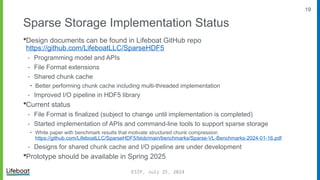 19
Sparse Storage Implementation Status
Design documents can be found in Lifeboat GitHub repo
https://github.com/LifeboatLLC/SparseHDF5
⁃ Programming model and APIs
⁃ File Format extensions
⁃ Shared chunk cache
‣ Better performing chunk cache including multi-threaded implementation
⁃ Improved I/O pipeline in HDF5 library
Current status
⁃ File Format is finalized (subject to change until implementation is completed)
⁃ Started implementation of APIs and command-line tools to support sparse storage
‣ White paper with benchmark results that motivate structured chunk compression
https://github.com/LifeboatLLC/SparseHDF5/blob/main/benchmarks/Sparse-VL-Benchmarks-2024-01-16.pdf
⁃ Designs for shared chunk cache and I/O pipeline are under development
Prototype should be available in Spring 2025
ESIP, July 25, 2024
 