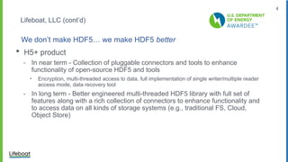 4
Lifeboat, LLC (cont’d)
 H5+ product
⁃ In near term - Collection of pluggable connectors and tools to enhance
functionality of open-source HDF5 and tools
‣ Encryption, multi-threaded access to data, full implementation of single writer/multiple reader
access mode, data recovery tool
⁃ In long term - Better engineered multi-threaded HDF5 library with full set of
features along with a rich collection of connectors to enhance functionality and
to access data on all kinds of storage systems (e.g., traditional FS, Cloud,
Object Store)
We don’t make HDF5… we make HDF5 better
 