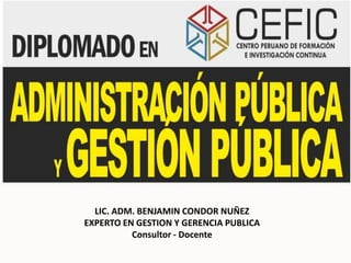 LIC. ADM. BENJAMIN CONDOR NUÑEZ
EXPERTO EN GESTION Y GERENCIA PUBLICA
          Consultor - Docente
 