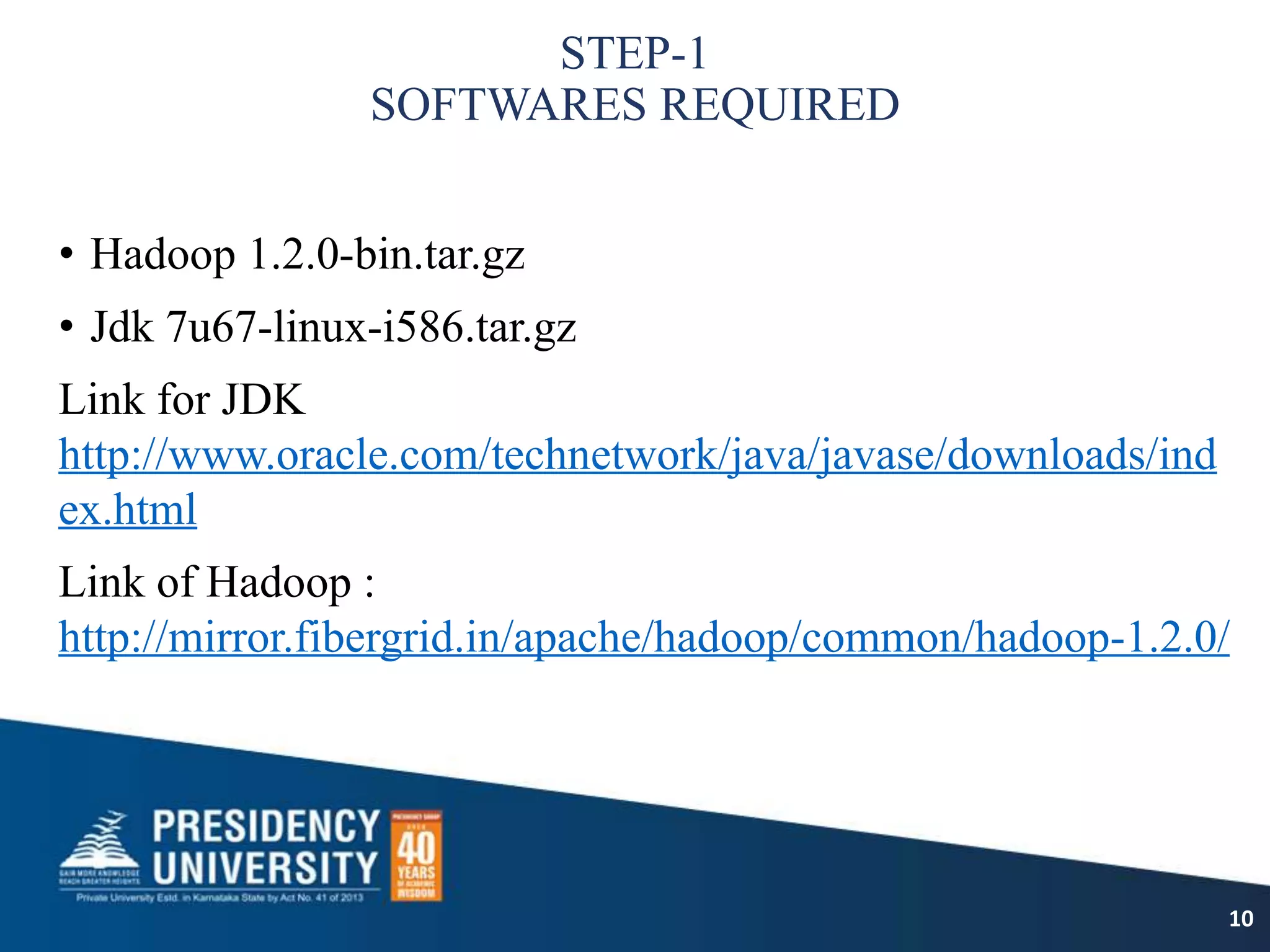 STEP-1
SOFTWARES REQUIRED
• Hadoop 1.2.0-bin.tar.gz
• Jdk 7u67-linux-i586.tar.gz
Link for JDK
http://www.oracle.com/technetwork/java/javase/downloads/ind
ex.html
Link of Hadoop :
http://mirror.fibergrid.in/apache/hadoop/common/hadoop-1.2.0/
10
 