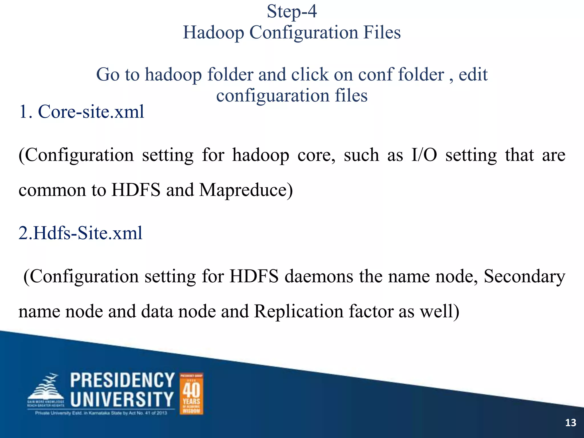 Step-4
Hadoop Configuration Files
Go to hadoop folder and click on conf folder , edit
configuaration files
1. Core-site.xml
(Configuration setting for hadoop core, such as I/O setting that are
common to HDFS and Mapreduce)
2.Hdfs-Site.xml
(Configuration setting for HDFS daemons the name node, Secondary
name node and data node and Replication factor as well)
13
 