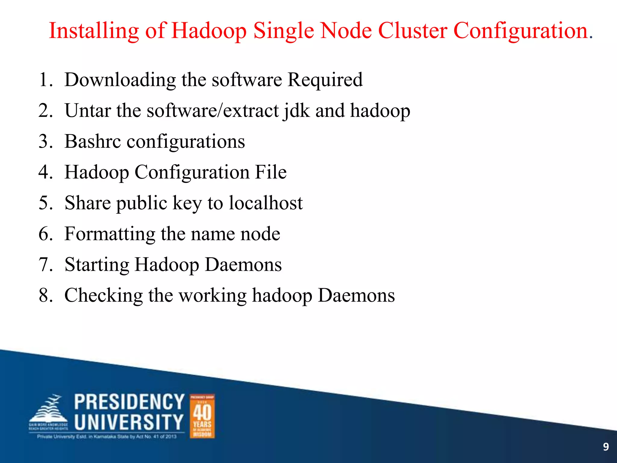 Installing of Hadoop Single Node Cluster Configuration.
1. Downloading the software Required
2. Untar the software/extract jdk and hadoop
3. Bashrc configurations
4. Hadoop Configuration File
5. Share public key to localhost
6. Formatting the name node
7. Starting Hadoop Daemons
8. Checking the working hadoop Daemons
9
 