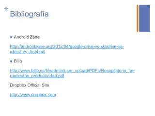 +
    Bibliografía

       Android Zone

    http://androidzone.org/2012/04/google-drive-vs-skydrive-vs-
    icloud-vs-dropbox/

       Bilib

    http://www.bilib.es/fileadmin/user_upload/PDFs/Recopilatorio_her
    ramientas_productividad.pdf

    Dropbox Official Site

    http://www.dropbox.com
 