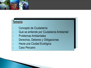 Temario
1.   Concepto de Ciudadanía
2.   Qué se entiende por Ciudadanía Ambiental
3.   Problemas Ambientales
4.   Derechos, Deberes y Obligaciones
5.   Hacia una Ciudad Ecológica
6.   Caso Peruano
 