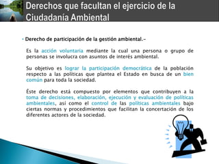 • Derecho de participación de la gestión ambiental.-

 Es la acción voluntaria mediante la cual una persona o grupo de
 personas se involucra con asuntos de interés ambiental.

 Su objetivo es lograr la participación democrática de la población
 respecto a las políticas que plantea el Estado en busca de un bien
 común para toda la sociedad.

 Éste derecho está compuesto por elementos que contribuyen a la
 toma de decisiones, elaboración, ejecución y evaluación de políticas
 ambientales, así como el control de las políticas ambientales bajo
 ciertas normas y procedimientos que facilitan la concertación de los
 diferentes actores de la sociedad.
 