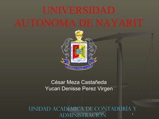 UNIVERSIDAD
AUTONOMA DE NAYARIT




        César Meza Castañeda
      Yucari Denisse Perez Virgen


  Unidad Académica de Contaduría y
           Administración       1
 