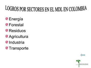 Energía Forestal Residuos  Agricultura Industria Transporte LOGROS POR SECTORES EN EL MDL EN COLOMBIA  