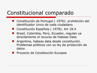 Constitucional comparado Constitución de Portugal ( 1976): prohibición del identificador único de cada ciudadano Constitución Española ( 1978): Art 18.4 Brasil, Colombia, Perú, Ecuador, regulan ya directamente el recurso de Habeas Data Argentina, habeas data desde constitución. Problemas políticos con su ley de protección de datos Proyecto de Constitución Europea 