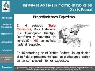 Instituto de Acceso a la Información Pública del Distrito Federal Introducción Medios de Impugnación Especialización Atribuciones Definitividad Procedimiento Expedito Aguascalientes, Chiapas, Coahuila Colima, Durango, Estado de México, Morelos, Nayarit, Nuevo León, Oaxaca, Quintana Roo, Sinaloa, Sonora, Tabasco, Veracruz y Zacatecas Procedimientos Expeditos En 6 estados ( Baja California ,  Baja California Sur, Guanajuato Hidalgo, Querétaro y Yucatán) , la legislación  NO  se señala nada al respecto. En 16 estados y en el Distrito Federal, la legislación sí señala expresamente que los ciudadanos deben contar con procedimientos expeditos. Propuestas Instituto de Acceso a la Información Pública del Distrito Federal 
