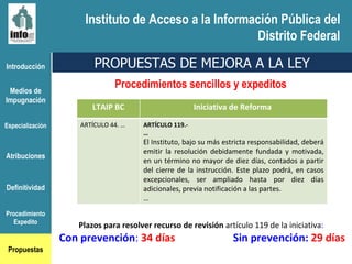 Introducción Medios de Impugnación Especialización Atribuciones Definitividad Procedimiento Expedito Propuestas PROPUESTAS DE MEJORA A LA LEY Procedimientos sencillos y expeditos  Plazos para resolver recurso de revisión  artículo 119 de la iniciativa :  Con prevención :  34 días   Sin prevención:  29 días Instituto de Acceso a la Información Pública del Distrito Federal LTAIP BC Iniciativa de Reforma  ARTÍCULO 44. … ARTÍCULO 119.- … El Instituto, bajo su más estricta responsabilidad, deberá emitir la resolución debidamente fundada y motivada, en un término no mayor de diez días, contados a partir del cierre de la instrucción. Este plazo podrá, en casos excepcionales, ser ampliado hasta por diez días adicionales, previa notificación a las partes. … 