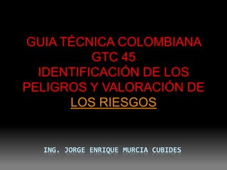 GUIA TÉCNICA COLOMBIANA
          GTC 45
  IDENTIFICACIÓN DE LOS
PELIGROS Y VALORACIÓN DE
      LOS RIESGOS


  ING. JORGE ENRIQUE MURCIA CUBIDES
 