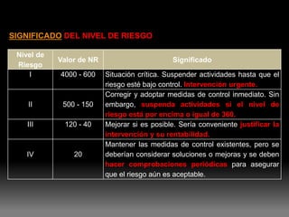 SIGNIFICADO DEL NIVEL DE RIESGO

 Nivel de
            Valor de NR                       Significado
 Riesgo
    I       4000 - 600    Situación crítica. Suspender actividades hasta que el
                          riesgo esté bajo control. Intervención urgente.
                          Corregir y adoptar medidas de control inmediato. Sin
    II       500 - 150    embargo, suspenda actividades si el nivel de
                          riesgo está por encima o igual de 360.
    III      120 - 40     Mejorar si es posible. Sería conveniente justificar la
                          intervención y su rentabilidad.
                          Mantener las medidas de control existentes, pero se
    IV          20        deberían considerar soluciones o mejoras y se deben
                          hacer comprobaciones periódicas para asegurar
                          que el riesgo aún es aceptable.
 