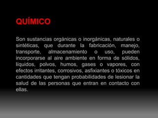 QUÍMICO

Son sustancias orgánicas o inorgánicas, naturales o
sintéticas, que durante la fabricación, manejo,
transporte, almacenamiento o uso, pueden
incorporarse al aire ambiente en forma de sólidos,
líquidos, polvos, humos, gases o vapores, con
efectos irritantes, corrosivos, asfixiantes o tóxicos en
cantidades que tengan probabilidades de lesionar la
salud de las personas que entran en contacto con
ellas.
 