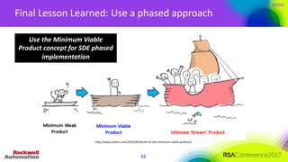 #RSAC
Final	Lesson	Learned:	Use	a	phased	approach
http://www.b2bnn.com/2016/04/death-of-the-minimum-viable-product/
Use	the	Minimum	Viable	
Product	concept	for	SDE	phased	
implementation
32
 