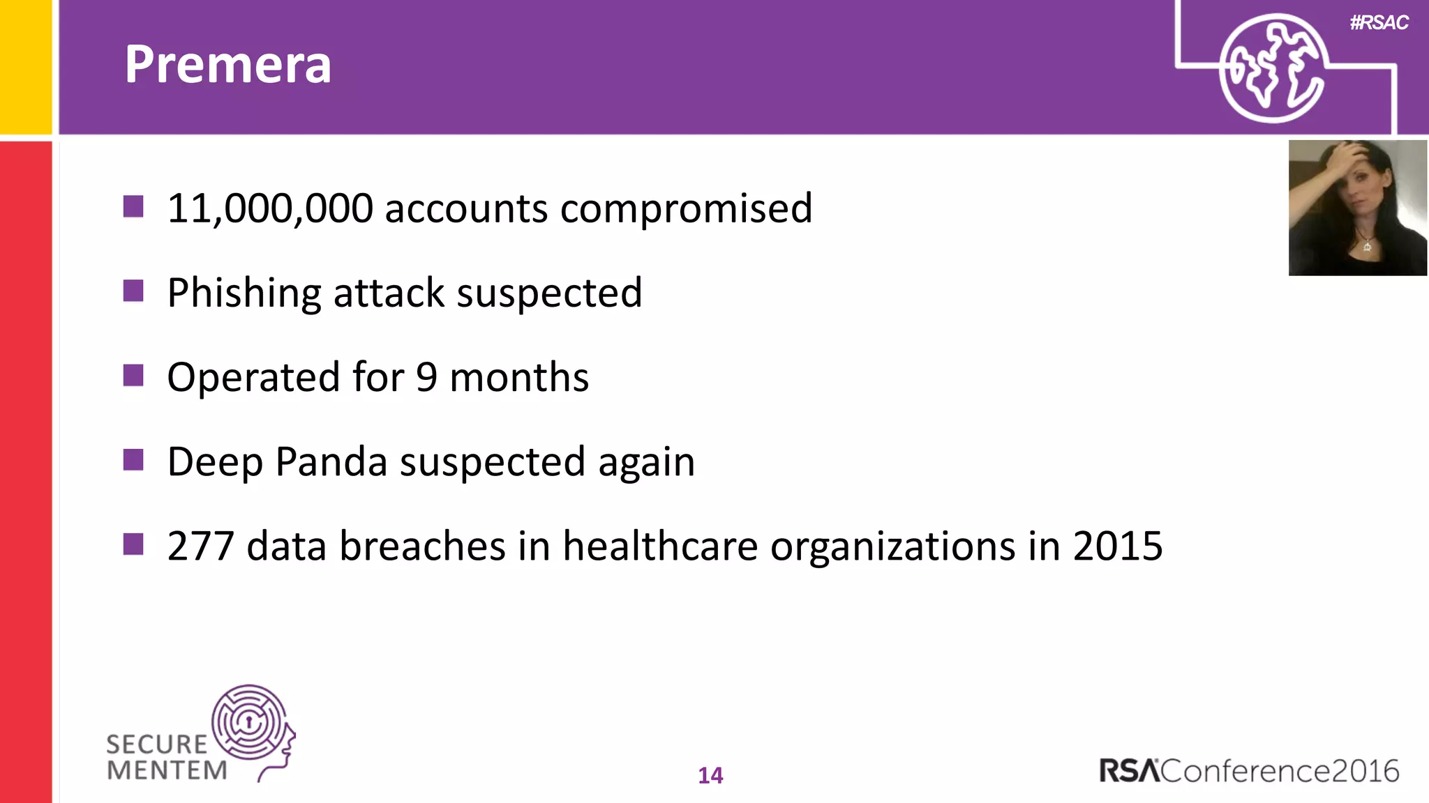 #RSAC
Premera
14
11,000,000 accounts compromised
Phishing attack suspected
Operated for 9 months
Deep Panda suspected again
277 data breaches in healthcare organizations in 2015
 