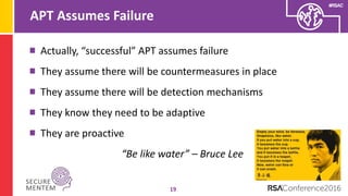 #RSAC
APT Assumes Failure
19
Actually, “successful” APT assumes failure
They assume there will be countermeasures in place
They assume there will be detection mechanisms
They know they need to be adaptive
They are proactive
“Be like water” – Bruce Lee
 