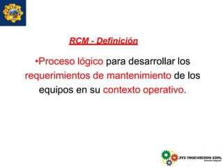 •Proceso lógico para desarrollar los
requerimientos de mantenimiento de los
equipos en su contexto operativo.
RCM - Definición
 