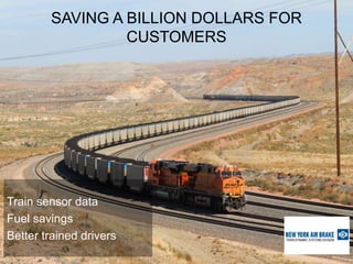 SAVING A BILLION DOLLARS FOR
CUSTOMERS
Train sensor data
Fuel savings
Better trained drivers
 