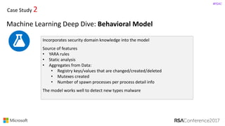 #RSAC
Case	Study	2
Machine	Learning	Deep	Dive:	Behavioral	Model
Incorporates	security	domain	knowledge	into	the	model
Source	of	features
• YARA	rules
• Static	analysis	
• Aggregates	from	Data:
• Registry	keys/values	that	are	changed/created/deleted
• Mutexes created
• Number	of	spawn	processes	per	process	detail	info
The	model	works	well	to	detect	new	types	malware
 