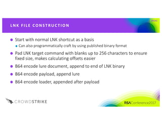 #RSAC
Start	with	normal	LNK	shortcut	as	a	basis
Can	also	programmatically	craft	by	using	published	binary	format
Pad	LNK	target	command	with	blanks	up	to	256	characters	to	ensure	
fixed	size,	makes	calculating	offsets	easier
B64	encode	lure	document,	append	to	end	of	LNK	binary
B64	encode	payload,	append	lure
B64	encode	loader,	appended	after	payload
L NK 	FI L E 	CO NST R UC T I O N
 