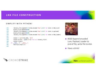 #RSAC
#260	Append	encoded	
Lure,	Payload,	Loader	to	
end	of	file,	write	file	to	disk
Have	a	drink!
L NK 	FI L E 	CO NST R UC T I O N
S I M P L I F Y 	 W I T H 	 P Y T H O N !
 
