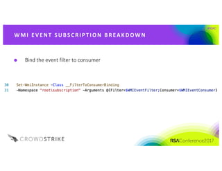 #RSAC
Bind	the	event	filter	to	consumer
W M I 	 E V E NT 	 S UB S C R I PT I O N	 B R EA K D OW N
 
