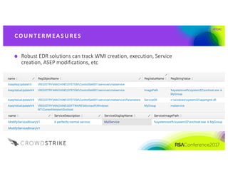 #RSAC
Robust	EDR	solutions	can	track	WMI	creation,	execution,	Service	
creation,	ASEP	modifications,	etc
CO UNT E R M EA S UR ES
 