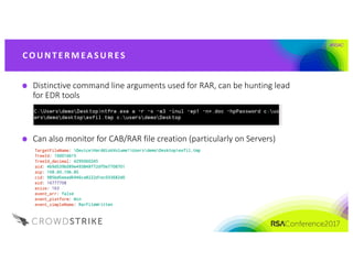 #RSAC
Distinctive	command	line	arguments	used	for	RAR,	can	be	hunting	lead	
for	EDR	tools
Can	also	monitor	for	CAB/RAR	file	creation	(particularly	on	Servers)
CO UNT E R M EA S UR ES
 