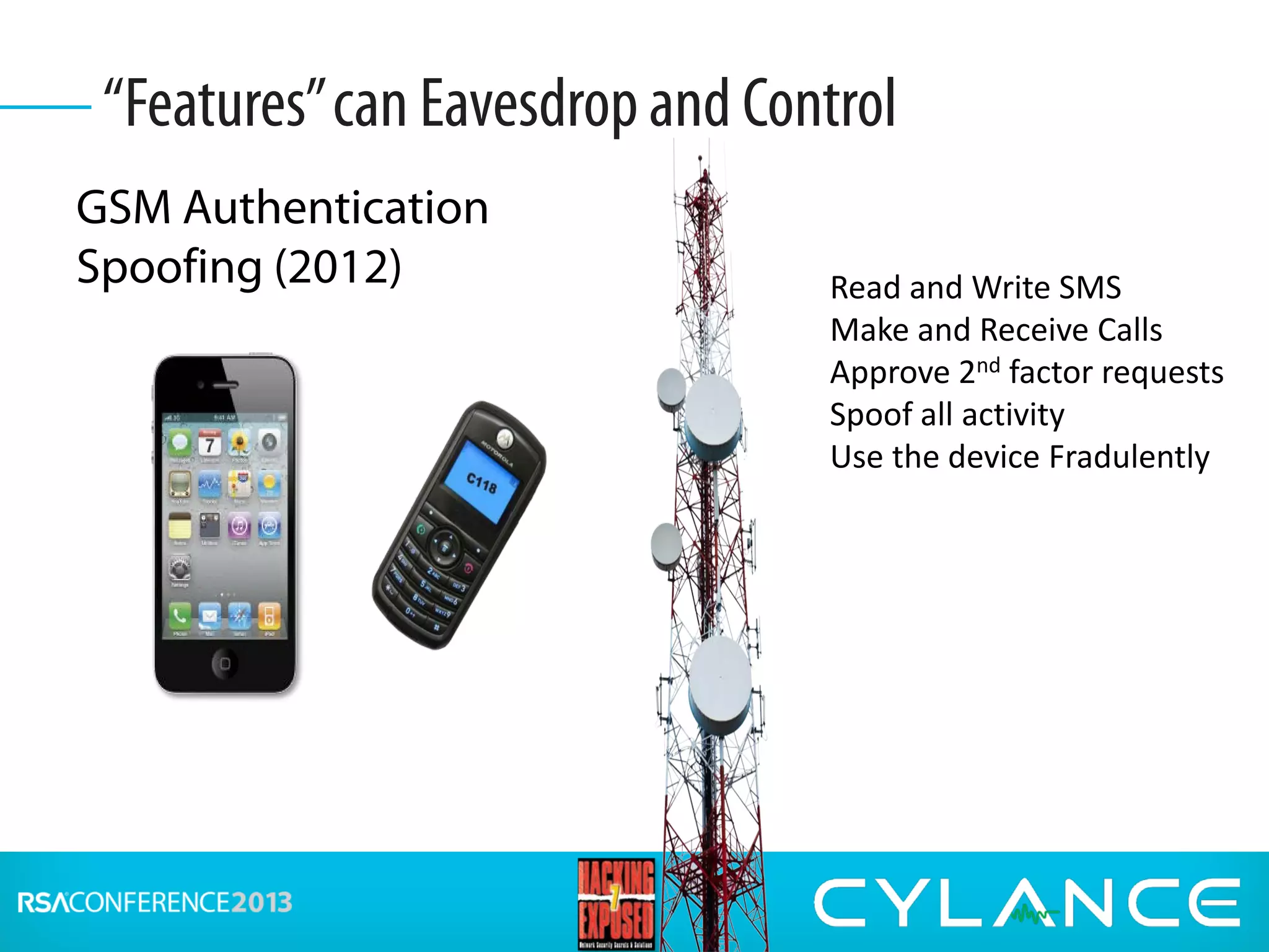 GSM Authentication
Spoofing (2012)
“Features”can Eavesdropand Control
Read and Write SMS
Make and Receive Calls
Approve 2nd factor requests
Spoof all activity
Use the device Fradulently
 