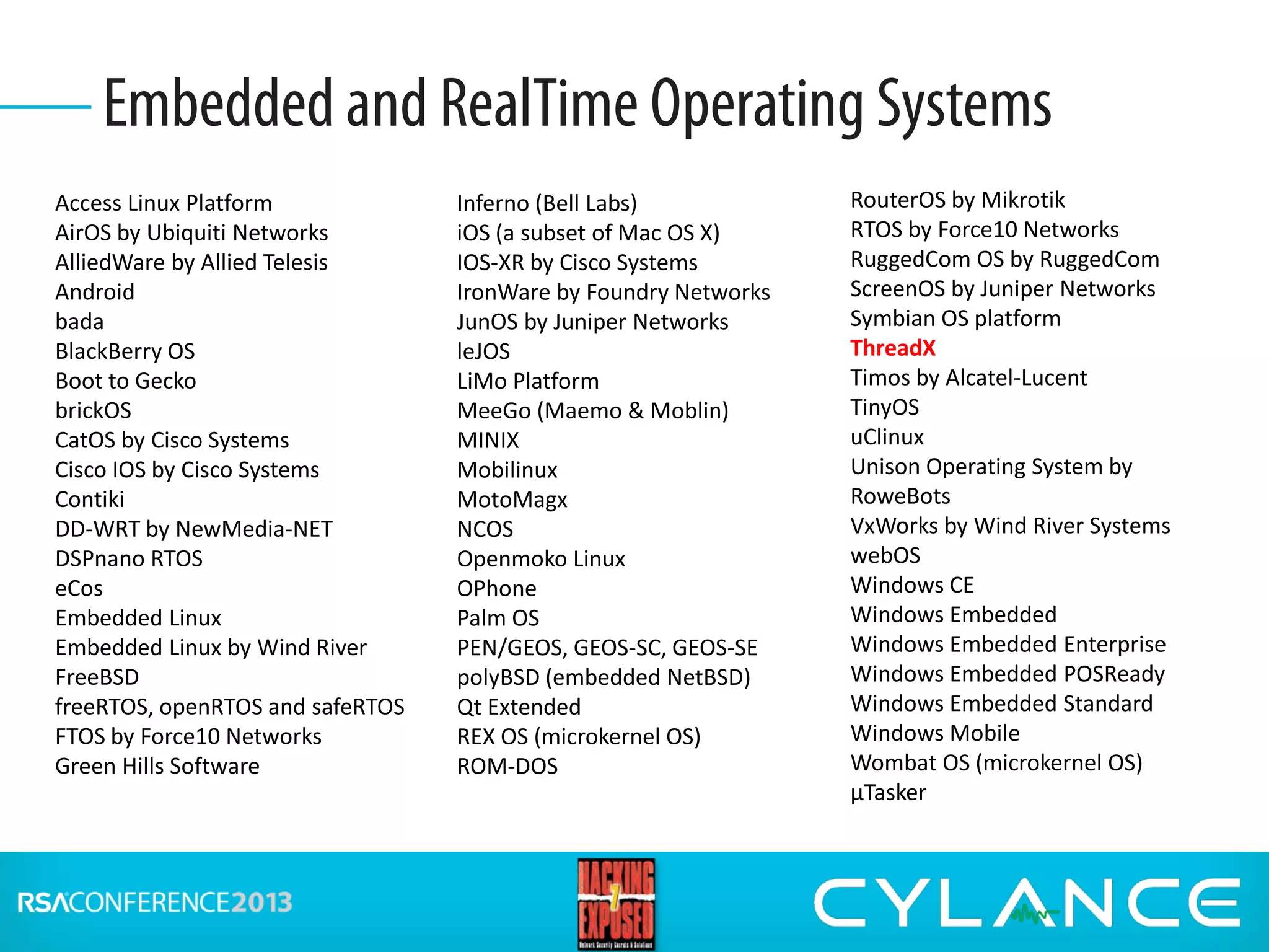 Access Linux Platform
AirOS by Ubiquiti Networks
AlliedWare by Allied Telesis
Android
bada
BlackBerry OS
Boot to Gecko
brickOS
CatOS by Cisco Systems
Cisco IOS by Cisco Systems
Contiki
DD-WRT by NewMedia-NET
DSPnano RTOS
eCos
Embedded Linux
Embedded Linux by Wind River
FreeBSD
freeRTOS, openRTOS and safeRTOS
FTOS by Force10 Networks
Green Hills Software
Inferno (Bell Labs)
iOS (a subset of Mac OS X)
IOS-XR by Cisco Systems
IronWare by Foundry Networks
JunOS by Juniper Networks
leJOS
LiMo Platform
MeeGo (Maemo & Moblin)
MINIX
Mobilinux
MotoMagx
NCOS
Openmoko Linux
OPhone
Palm OS
PEN/GEOS, GEOS-SC, GEOS-SE
polyBSD (embedded NetBSD)
Qt Extended
REX OS (microkernel OS)
ROM-DOS
RouterOS by Mikrotik
RTOS by Force10 Networks
RuggedCom OS by RuggedCom
ScreenOS by Juniper Networks
Symbian OS platform
ThreadX
Timos by Alcatel-Lucent
TinyOS
uClinux
Unison Operating System by
RoweBots
VxWorks by Wind River Systems
webOS
Windows CE
Windows Embedded
Windows Embedded Enterprise
Windows Embedded POSReady
Windows Embedded Standard
Windows Mobile
Wombat OS (microkernel OS)
µTasker
Embedded and RealTime Operating Systems
 